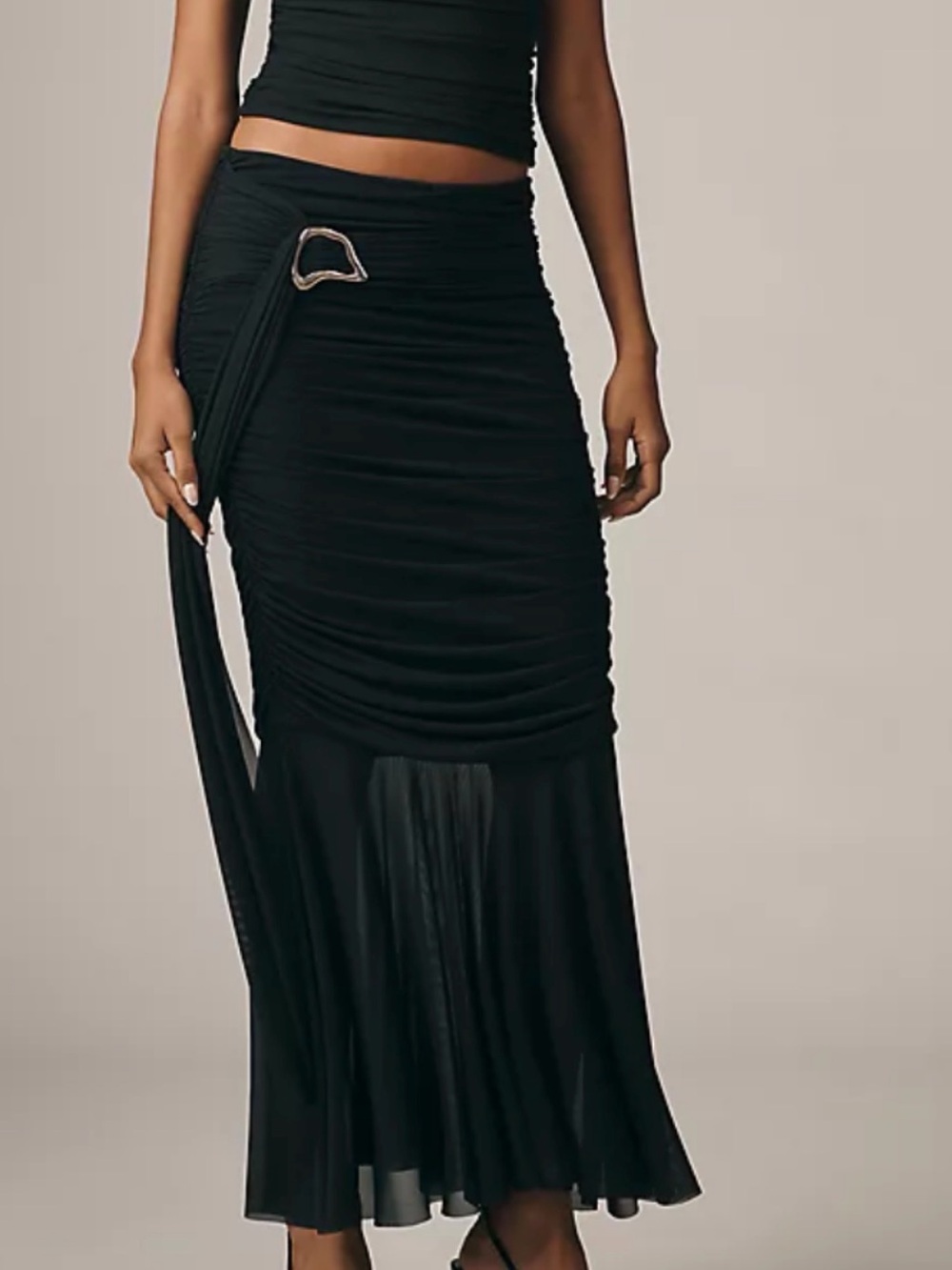 Anthropologie Black Ruched Maxi Skirt with Buckle Detail. NWT